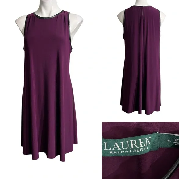 Lauren Ralph Lauren dress 14 Purple A-Line faux leather trim knee length office - Picture 1 of 6